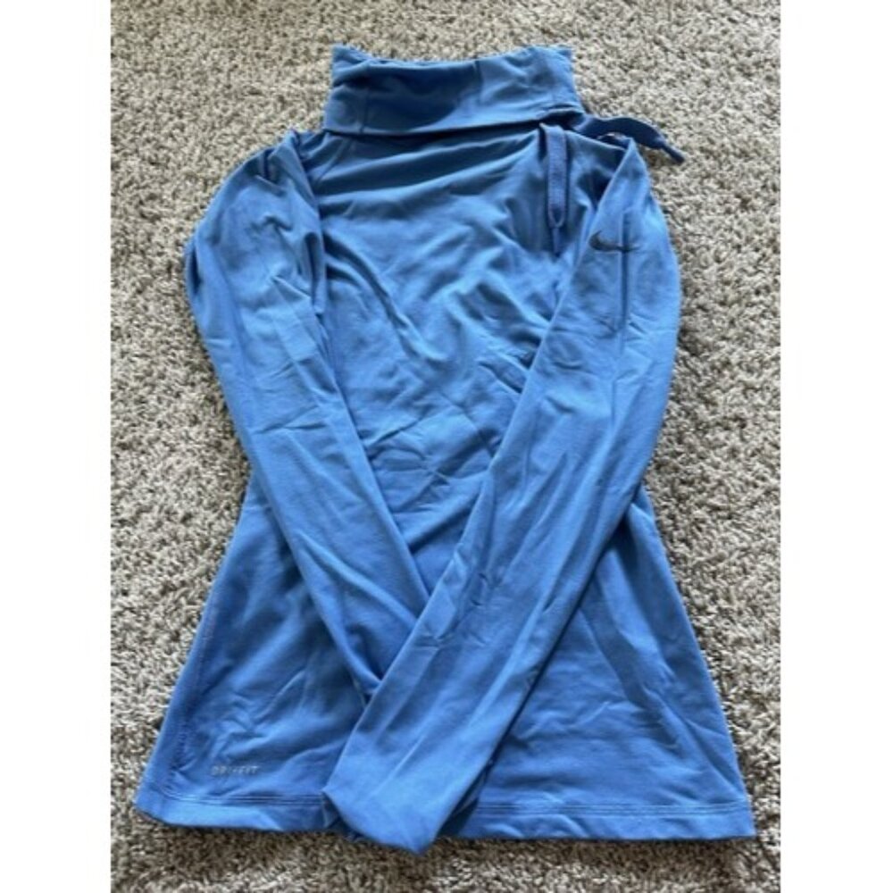 Nike Pro Womens Blue Crowl Neck Tie Thumb Hole Running Fleece Line Size Small